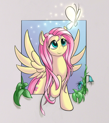 Size: 742x836 | Tagged: safe, artist:sokolas, fluttershy, butterfly, pony, g4, cute, female, long mane, shyabetes, smiling, solo, spread wings, wings