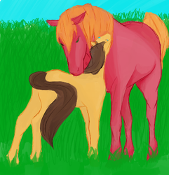 Size: 422x438 | Tagged: safe, artist:reina-eto, big macintosh, caramel, earth pony, pony, g4, gay, hoers, male, nuzzling, realistic, ship:caramac, shipping, stallion