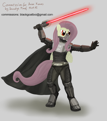 Size: 1318x1500 | Tagged: safe, artist:smudge proof, fluttershy, pegasus, anthro, g4, commission, crossover, darth malgus, energy weapon, female, hooves, lightsaber, ponified, solo, star wars, weapon, wings