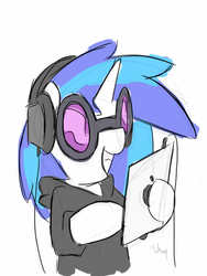 Size: 768x1024 | Tagged: safe, artist:whoop, dj pon-3, vinyl scratch, pony, g4, headphones, ipad, solo