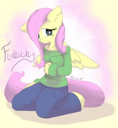 Size: 1331x1441 | Tagged: safe, artist:tesslashy, fluttershy, pegasus, anthro, unguligrade anthro, g4, blue jeans, bra strap, clothes, female, floppy ears, hooves, off shoulder, off shoulder sweater, pants, solo, sweater, sweatershy