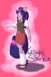 Size: 1952x2952 | Tagged: safe, artist:tesslashy, twilight sparkle, unicorn, anthro, g4, blouse, clothes, female, hoof shoes, mary janes, necktie, school uniform, skirt, socks, solo, vest