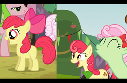 Size: 900x591 | Tagged: safe, edit, edited screencap, screencap, apple bloom, apple bumpkin, florina tart, red gala, earth pony, pony, g4, ^^, apple bloom's bow, apple family, apple family member, background pony, bow, comparison, eyes closed, female, filly, hair bow, happy, mare, neckerchief