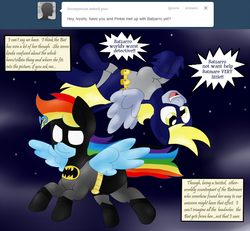 Size: 1880x1740 | Tagged: safe, artist:blackbewhite2k7, derpy hooves, rainbow dash, pegasus, pony, g4, batman, batzarro, crossover, female, mare, parody