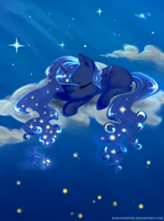 Size: 800x1076 | Tagged: safe, artist:maroonriver, princess luna, pony, g4, cloud, cloudy, female, filly, prone, sleeping, solo, woona