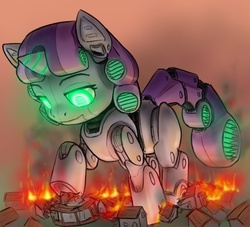 Size: 701x636 | Tagged: dead source, safe, artist:alloyrabbit, sweetie belle, pony, robot, robot pony, unicorn, g4, blank flank, burning, destruction, equestria, female, filly, fire, foal, giant pony, giant robot, giant unicorn, giant/mega sweetie bot, glowing, glowing eyes, hooves, horn, implied death, looking down, macro, mecha, mega sweetie belle, ponyville, solo, sweetie bot