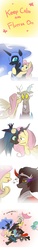 Size: 500x3300 | Tagged: safe, artist:keterok, discord, fluttershy, king sombra, nightmare moon, princess celestia, queen chrysalis, g4, keep calm and flutter on, blushing, coffee, comforting, comic, cute, cutealis, female, good end, heart, hug, kissing, male, reformed, shyabetes, singing, spit take, text