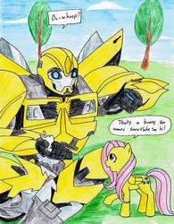 Size: 824x1056 | Tagged: safe, artist:frostedicefire, fluttershy, rabbit, g4, bumblebee (transformers), crossover, transformers, transformers prime