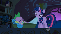 Size: 1680x945 | Tagged: safe, screencap, spike, twilight sparkle, g4, my little pony: friendship is magic, owl's well that ends well, ei, hub logo, out of context