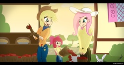 Size: 1920x1011 | Tagged: safe, artist:rncillo, angel bunny, apple bloom, applejack, fluttershy, g4, apple, basket, humanized, pie