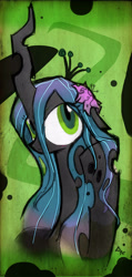 Size: 1984x4164 | Tagged: dead source, safe, artist:dagmlp, queen chrysalis, changeling, changeling queen, g4, :3, blushing, bust, cute, cutealis, fangs, female, flower, flower in hair, looking at you, mare, portrait, pretty, solo, stray strand, three quarter view