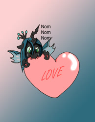 Size: 1115x1439 | Tagged: safe, artist:dragonblood6400, queen chrysalis, changeling, changeling queen, nymph, g4, chewing, cute, cutealis, female, heart, love, nom