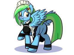 Size: 500x375 | Tagged: safe, artist:pippy, oc, oc only, oc:jade meteor, pegasus, pony, blushing, butt, clothes, female, maid, mare, plot, solo