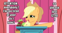 Size: 638x348 | Tagged: safe, applejack, g4, gtfo, image macro, tired