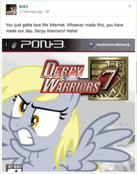 Size: 415x527 | Tagged: safe, artist:nickyv917, derpy hooves, pegasus, pony, g4, official, box art, dynasty warriors, facebook, female, game cover, koei, mare, meta, parody, video game