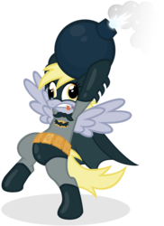 Size: 510x700 | Tagged: safe, artist:broccolimeansfun, derpy hooves, pegasus, pony, g4, 60s batman, adam west, batman, bomb, costume, female, mare, parody, some days you just can't get rid of a bomb