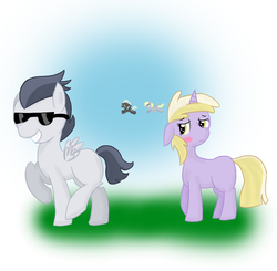 Size: 1576x1544 | Tagged: safe, artist:martymurray, derpy hooves, dinky hooves, rumble, thunderlane, pegasus, pony, g4, blushing, challenge, female, flying, mare, rumbledink, shipping, smiling, sunglasses, swag