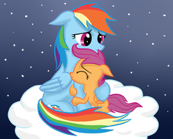 Size: 1280x1024 | Tagged: safe, artist:robin jacks, rainbow dash, scootaloo, pegasus, pony, g4, blank flank, cloud, eyes closed, female, filly, floppy ears, foal, folded wings, hug, mare, on a cloud, scootalove, show accurate, siblings, sisters, sitting, smiling, stars, wings