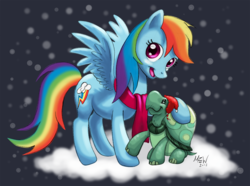 Size: 1140x850 | Tagged: safe, artist:mewzilla, rainbow dash, tank, g4, clothes, cloud, hat, santa hat, scarf, snow, snowfall