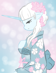 Size: 870x1130 | Tagged: safe, artist:alicesaurusrex, oc, oc only, pony, unicorn, bipedal, frost kiss, kimono (clothing), solo