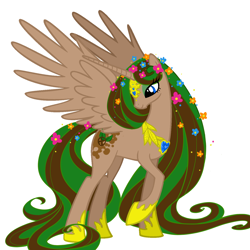 Size: 1400x1400 | Tagged: safe, artist:couratiel, oc, oc only, oc:princess natura, alicorn, pony, alicorn oc, crown, female, flower, flower in hair, horn, jewelry, mare, regalia, smiling, solo, wings