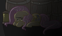 Size: 900x527 | Tagged: safe, artist:angelofhapiness, fluttershy, g4, amnesia: the dark descent, barrel, crying, lantern, scared, shadow