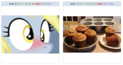 Size: 532x283 | Tagged: safe, derpy hooves, pegasus, pony, g4, exploitable meme, fake, female, juxtaposition, juxtaposition win, mare, muffin