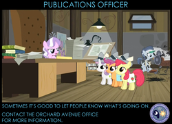 Size: 872x630 | Tagged: safe, edit, edited screencap, screencap, apple bloom, diamond tiara, scootaloo, shady daze, sweetie belle, g4, ponyville confidential, canterlot intelligence agency, cia, cutie mark crusaders, desk, poster