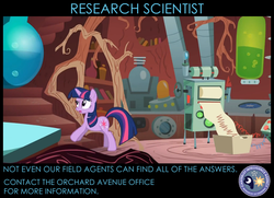 Size: 872x630 | Tagged: safe, edit, edited screencap, screencap, twilight sparkle, pony, unicorn, feeling pinkie keen, g4, season 1, canterlot intelligence agency, cia, female, laboratory, machinery, mare, poster, scientist, solo, twilight's lab, unicorn twilight