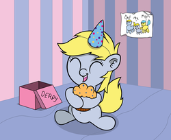 Size: 1800x1471 | Tagged: safe, artist:chubble-munch, derpy hooves, pony, g4, birthday, drawing, female, filly, muffin, present, solo, that pony sure does love muffins