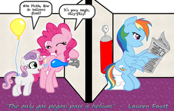 Size: 879x560 | Tagged: safe, artist:inkwell, pinkie pie, rainbow dash, sweetie belle, earth pony, pegasus, pony, unicorn, g4, balloon, dialogue, fart joke, female, filly, foal, helium, implied farting, implied pooping, lauren faust, mare, meta, newspaper, pegasus gas, pony farts, potty, potty time, quote, reading, secret, sitting, sitting on toilet, speech bubble, text, toilet, twitter, word of faust