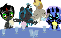 Size: 4800x3000 | Tagged: safe, artist:beavernator, discord, king sombra, nightmare moon, queen chrysalis, alicorn, draconequus, nymph, pony, unicorn, :3, :o, absurd resolution, antagonist, colt, cute, cutealis, discute, drink, drinking, eyes closed, female, filly, floating, looking at you, male, milkshake, milkshake ponies, moonabetes, nightmare woon, open mouth, simple background, smiling, sombradorable, transparent background, upside down, young