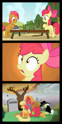 Size: 650x1300 | Tagged: safe, apple bloom, applejack, babs seed, big macintosh, granny smith, earth pony, pony, g4, babsbuse, comic, dark, death, grave, how babs died, male, sad, stallion