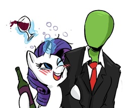 Size: 589x504 | Tagged: safe, rarity, oc, oc:anon, g4, blushing, drunk, drunk rarity, duo, wine