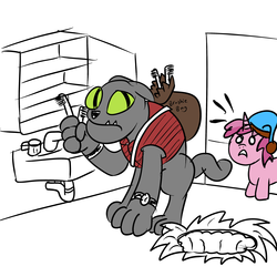 Size: 3000x3000 | Tagged: safe, artist:wolferahm, rover, ruby pinch, diamond dog, pony, g4, 30 minute art challenge, bag, bathroom, brush, clothes, cute, duo, hole, serial brusher, toothbrush, vest