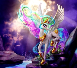 Size: 2000x1778 | Tagged: safe, artist:harwick, princess celestia, alicorn, pony, g4, chestplate, concave belly, crepuscular rays, crown, cutie mark, ethereal mane, ethereal tail, female, fit, flowing mane, flowing tail, hoof shoes, horn, jewelry, long horn, mare, multicolored mane, multicolored tail, muscles, night, peytral, praise the sun, princess shoes, purple eyes, raised hoof, raised leg, regalia, rock, slender, smiling, solo, standing on two hooves, sternocleidomastoid, thin, tiara, water