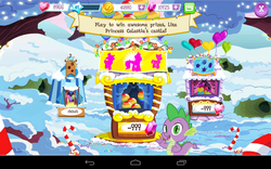 Size: 1280x800 | Tagged: safe, gameloft, colter sobchak, fleetfoot, hondo flanks, spike, android, g4, my little pony: magic princess, balloon, balloon pop, balloon pop stand, candy, candy cane, christmas, food, gameloft shenanigans, hack, snow