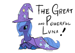 Size: 1014x716 | Tagged: safe, artist:inivonwini, princess luna, trixie, pony, unicorn, g4, cosplay, female, mare, s1 luna, simple background, solo