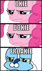 Size: 500x831 | Tagged: safe, pinkie pie, froakie, g4, pokémon, pun