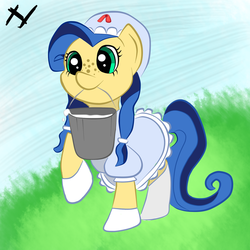 Size: 900x900 | Tagged: safe, oc, oc only, oc:milky way, pony, alternate hairstyle, bucket, clothes, cute, dress, female, hat, mare, milk, mouth hold, solo