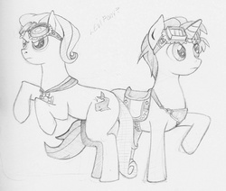 Size: 2175x1844 | Tagged: safe, artist:jabbym, leviathan, deryn sharp, goggles, monochrome, ponified, prince aleksandar, steampunk