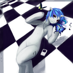 Size: 1280x1280 | Tagged: safe, artist:crop, artist:verrrrry, dj pon-3, vinyl scratch, butterfly, unicorn, semi-anthro, g4, female, headphones, ipod, looking at you, lying down, mp3 player, music player, on back, red eyes, solo
