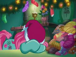 Size: 640x480 | Tagged: safe, screencap, minty, pony, g3, my little pony: a very minty christmas, clothes, crying, female, hat, sad, santa hat, socks, solo, striped socks