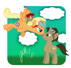 Size: 1126x1080 | Tagged: safe, artist:jabbym, leviathan, bovril, cloud, cloudy, deryn sharp, goggles, hat, perspicacious loris, ponified, prince aleksandar, steampunk