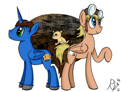 Size: 1024x768 | Tagged: safe, artist:rubykyogre616, alicorn, leviathan, pony, bovril, deryn sharp, goggles, perspicacious loris, ponified, prince aleksandar, steampunk