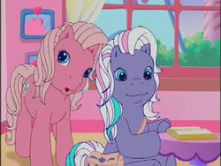 Size: 640x480 | Tagged: safe, screencap, pinkie pie (g3), razzaroo, earth pony, pony, a charming birthday, g3, :3, duo, duo female, female, mare, sitting, standing