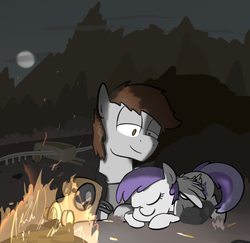 Size: 639x621 | Tagged: safe, artist:bonzoisawesome, tornado bolt, oc, fallout equestria, campfire, duo, duo male and female, eyes closed, female, filly, folded wings, full moon, gas mask, lying down, male, mask, moon, outdoors, prone, sleeping, stallion, sturmpony, wings