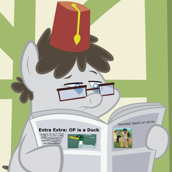 Size: 894x894 | Tagged: safe, artist:punchingshark, edit, edited screencap, screencap, filthy rich, truffle shuffle, g4, class, fez, glasses, hat, headline, newspaper, op is a duck, reading, wanted