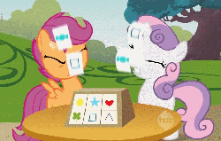 Size: 704x450 | Tagged: safe, screencap, scootaloo, sweetie belle, pegasus, pony, unicorn, g4, the show stoppers, animated, card, duo, ei, female, filly, foal, hub logo, psychic testing