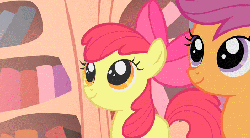 Size: 704x390 | Tagged: safe, screencap, apple bloom, scootaloo, sweetie belle, g4, season 1, the show stoppers, animated, cutie mark crusaders, female, golden oaks library, library